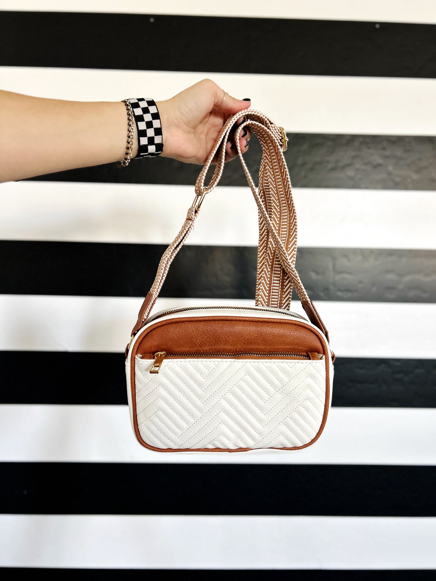 Lux Quilted Faux Leather Shoulder or Crossbody Purse - White + Brown