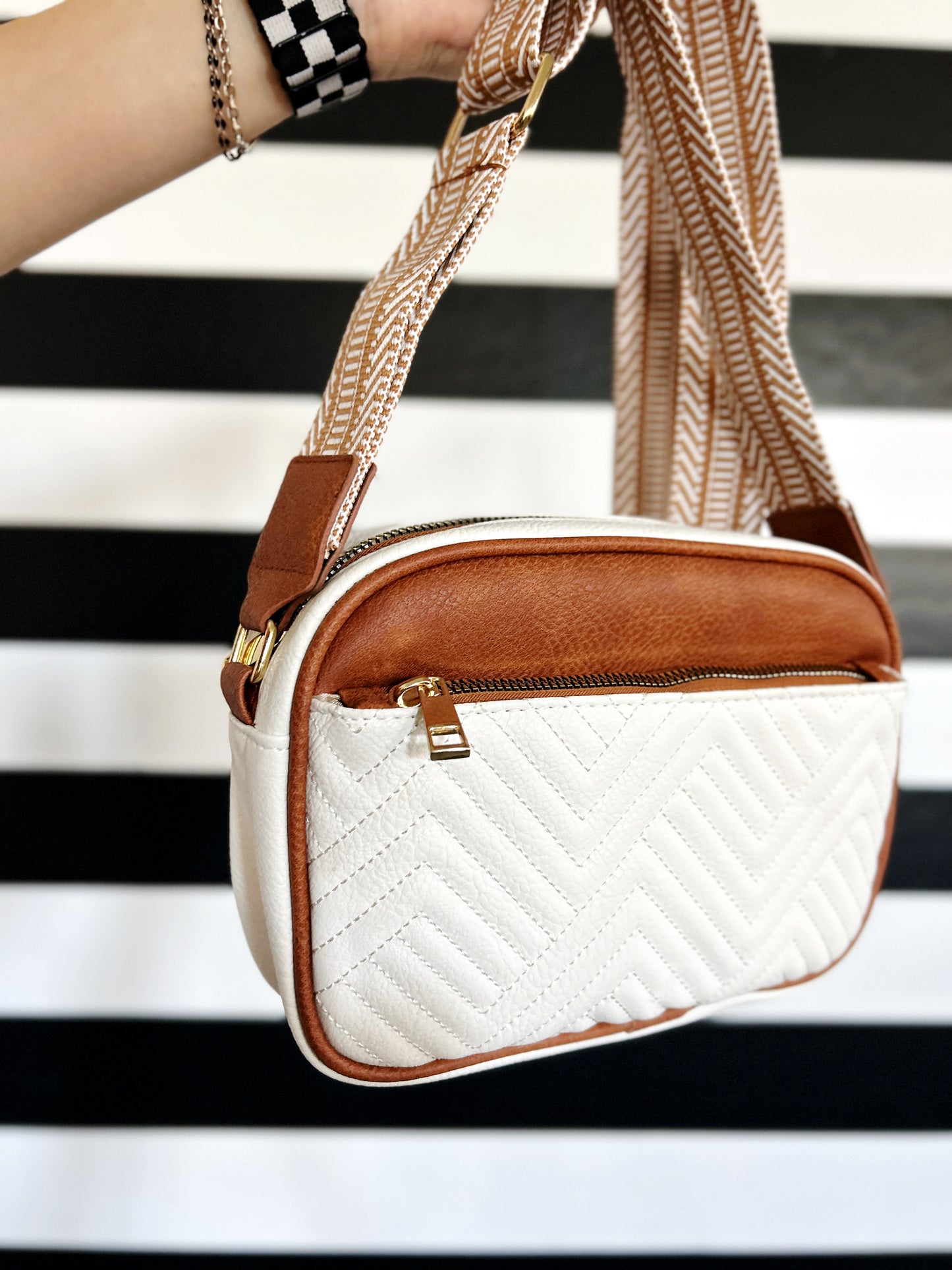 Lux Quilted Faux Leather Shoulder or Crossbody Purse - White + Brown