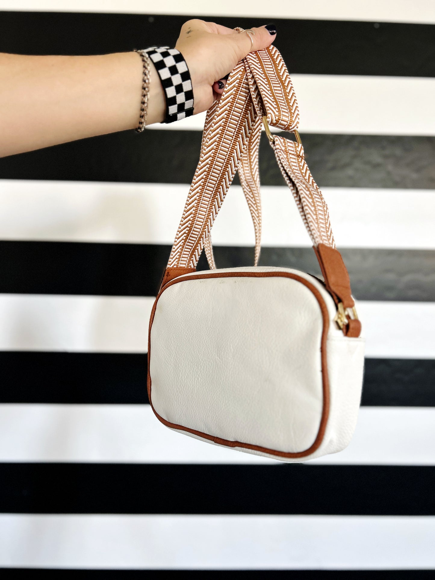 Lux Quilted Faux Leather Shoulder or Crossbody Purse - White + Brown