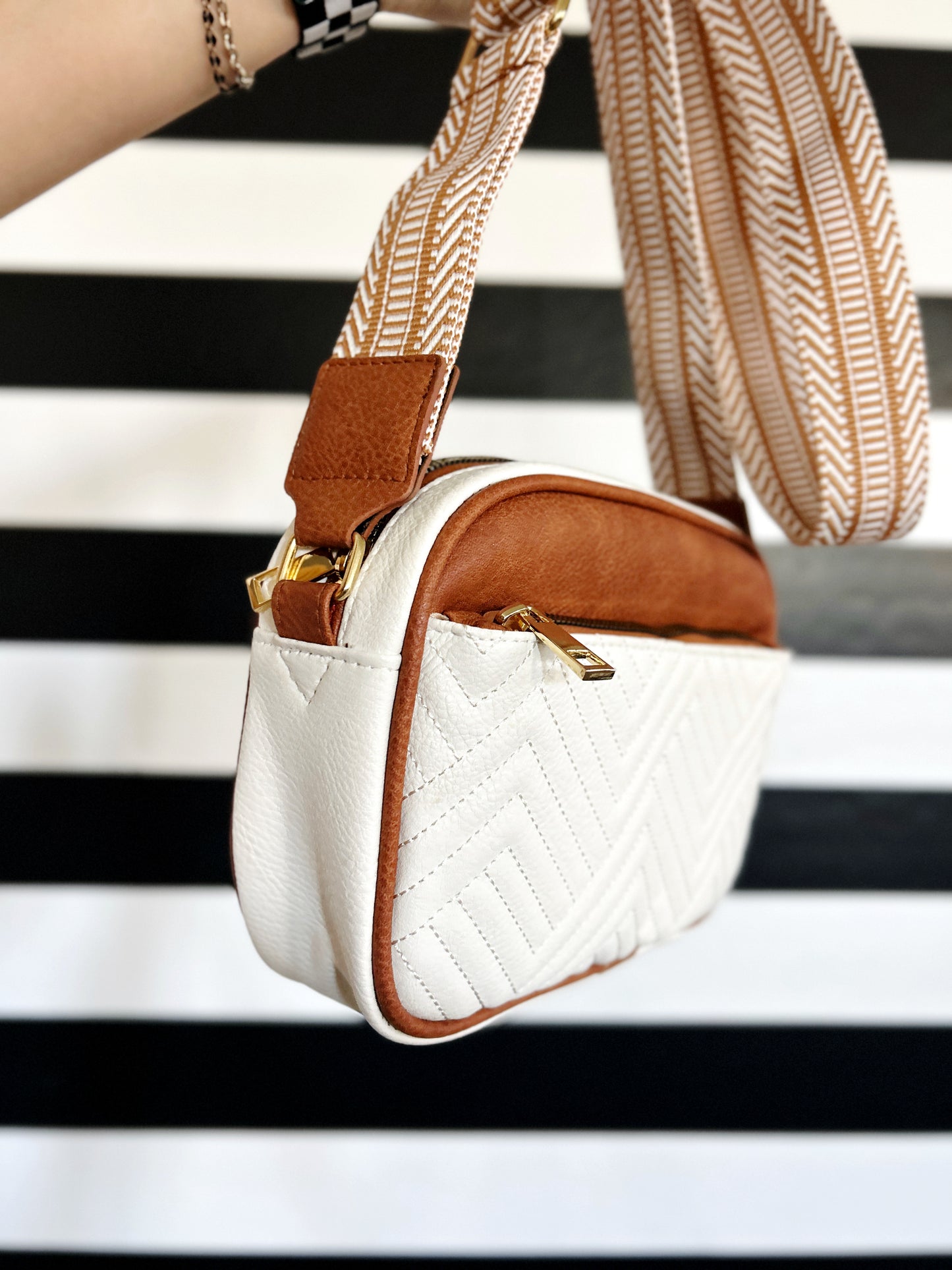 Lux Quilted Faux Leather Shoulder or Crossbody Purse - White + Brown