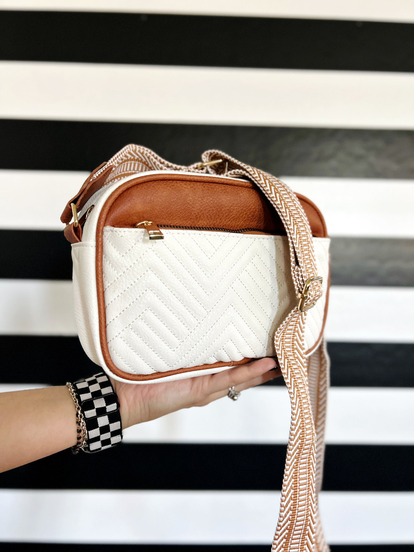 Lux Quilted Faux Leather Shoulder or Crossbody Purse - White + Brown