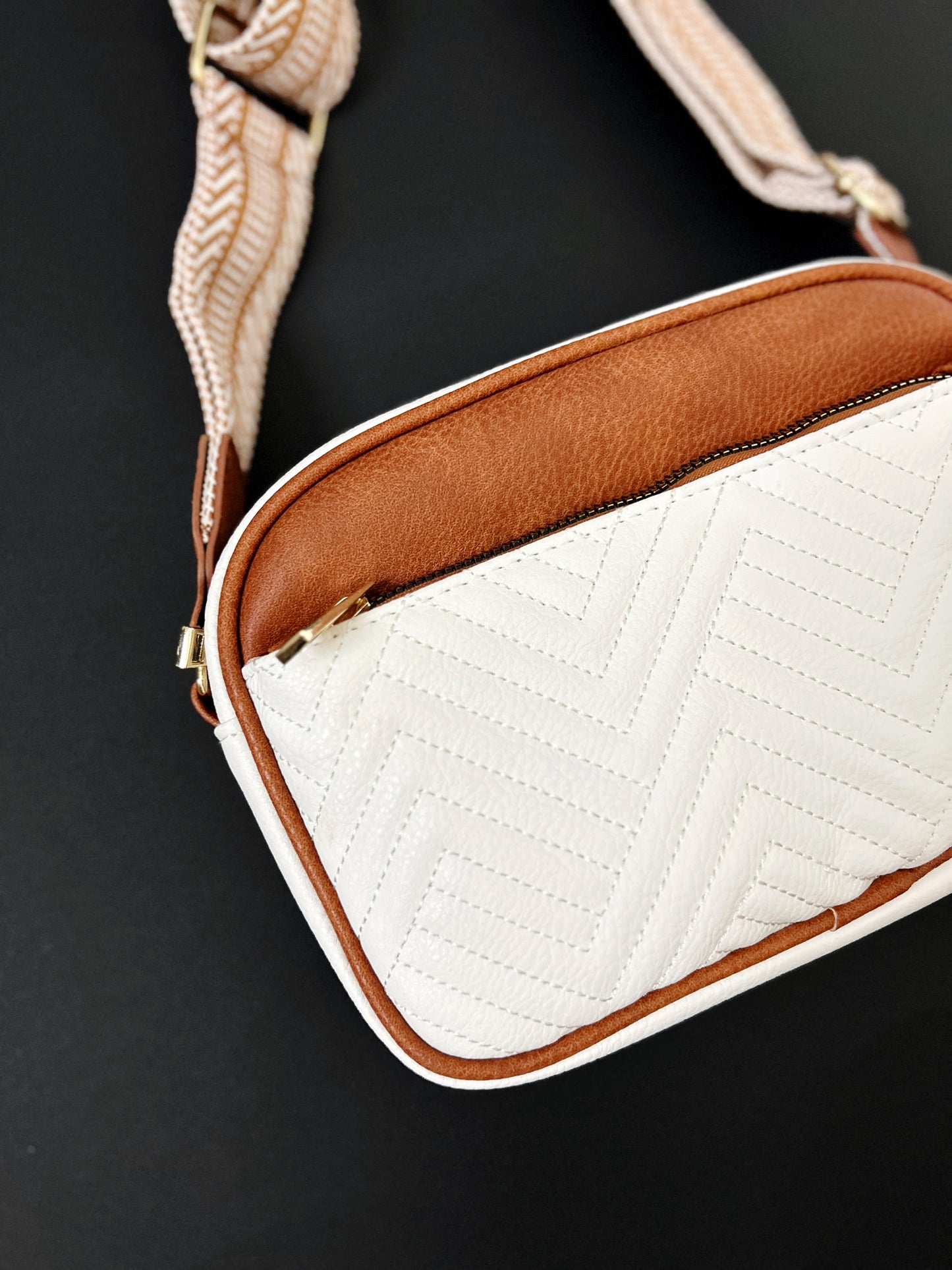 Lux Quilted Faux Leather Shoulder or Crossbody Purse - White + Brown